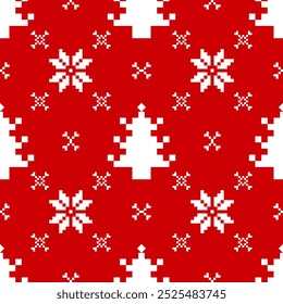 Natal e Ano Novo padrão sem emenda. Flocos de neve brancos em padrão de pixel vermelho para chapéu de inverno, jumper, suéter, envoltório, tecido, borda, aro, tapetes, cobertores, toalhas.