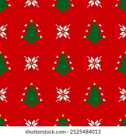 Christmas and New Year seamless pattern. White snowflakes and Christmas tree on red pixel pattern for winter hat,jumper,sweater, wrapping,fabric,border,rim,carpets, blankets, towels.