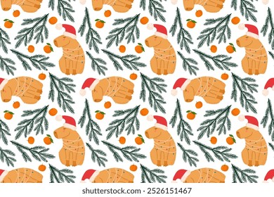 Christmas and New Year seamless pattern with Cute Capybara. Cartoon happy Capybara wearing Santa Hat, spruce twigs, tangerines. Repeated background, wallpaper, wrapping paper, packing, textile