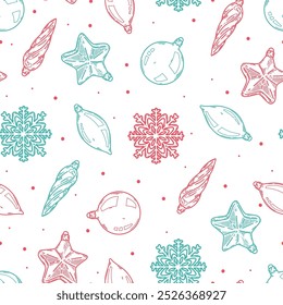 Christmas and New year seamless pattern. Vector background with christmas decorations. Ball, pine tree, icicle, pine cone, present box, warm hat, socks