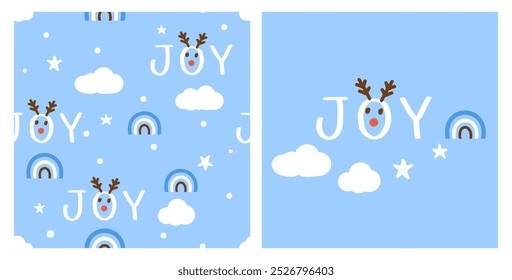 Natal ou Ano Novo padrão sem emenda com cara de rena, fonte escrita à mão, nuvem e arco-íris no vetor de fundo azul.