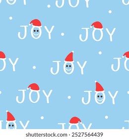 Christmas or New year seamless pattern with hand written fonts, snow and Santa hat on blue background vector.