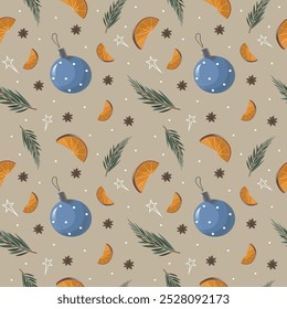Weihnachten und Neujahr nahtloses Muster mit Tannenbaum, Weihnachtsspielzeug und Dekorationen, getrockneten Orange und Kardamom, Sternen und Tropfen.
