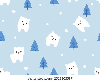 Christmas or New year seamless pattern with little bear cartoons, pine tree and snow on blue background.