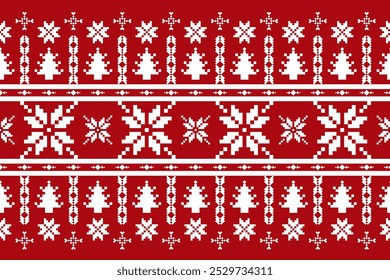 Christmas and New Year seamless pattern. white snowflakes on red pixel pattern for winter hat,sweater, wrapping,fabric, jumper.	