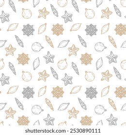Christmas and New year seamless pattern. Vector background with christmas decorations. Ball, pine tree, icicle, pine cone, present box, warm hat, socks
