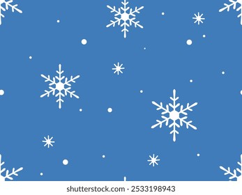 Navidades o patrón sin fisuras del año Nuevo con copos de nieve en Vector de fondo azul.
