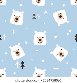 Christmas or New year seamless pattern with cute bear cartoons, snowflakes and pine tree on blue background vector.