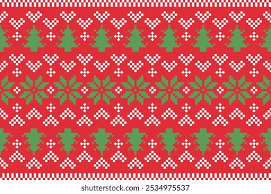 Christmas and New Year seamless pattern. White snowflakes and Christmas tree on red pixel pattern for winter hat,jumper,sweater, wrapping,fabric,border,rim,carpets, blankets, towels.