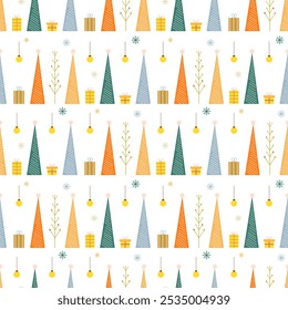 Christmas or New Year seamless pattern with Christmas trees for greeting card, poster, cover, gift bag Vector geometric patterns Christmas tree, balls, gift boxes, snowflakes