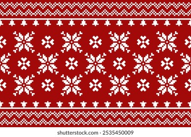 Christmas and New Year Seamless Pattern .White Snowflakes on Red Pixel Design for Winter Hats, Jumpers, Sweaters, Wrapping, Fabric, Borders, Carpets, Blankets, Towels.