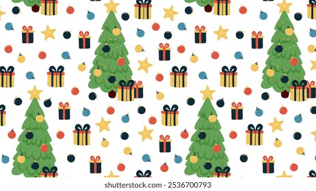 Navidades o patrón sin fisuras del año Nuevo con el árbol de navidad dibujado a mano.
