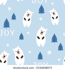 Natal ou Ano Novo padrão sem costura com desenhos animados de urso, pinheiro, flocos de neve e fontes escritas à mão no vetor de fundo azul.