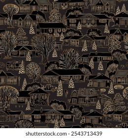 Christmas and New Year seamless pattern. Fairy tale houses, fir trees. Golden doodle sketch on a black background