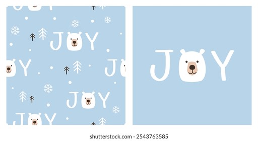 Christmas or New year seamless pattern with  bear cartoons, pine tree  and hand  written fonts on blue background. 