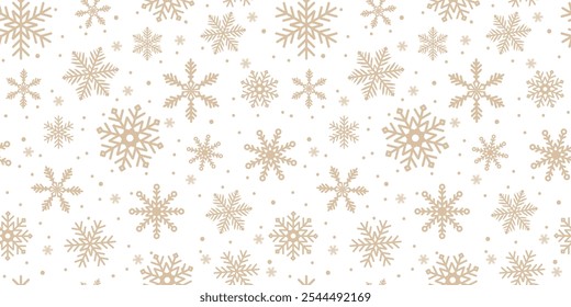 Natal e Ano Novo padrão sem costura com flocos de neve bonitos em um fundo branco. Ilustração de inverno com neve caindo.