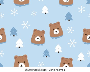 Christmas or New year seamless pattern with brown bear cartoons, pint tree and snowflakes on blue background vector.