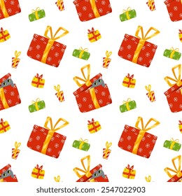 Christmas and New Year seamless pattern. Background with cat playing with Christmas presents. Vector cartoon flat design for holiday print on fabric, wrapping