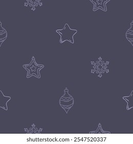 Christmas and New Year seamless pattern with snowflake, star and Christmas tree toys. Dark background with light pattern for design, decoration, wrapping paper, print