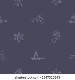 Christmas and New Year seamless pattern with snowflake, mistletoe, gift and candle. Dark background with light pattern for design, decoration, wrapping paper, print