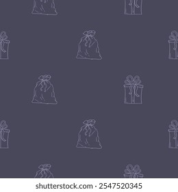 Navidades y patrón sin fisuras del año Nuevo con los regalos y el bolso de Santa. Fondo oscuro con el patrón ligero para el diseño, decoración, papel de embalaje, impresión