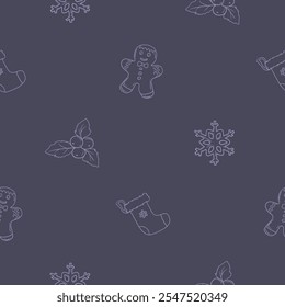 Christmas and New Year seamless pattern with gingerbread man, snowflake, mistletoe and Christmas boot. Dark background with light pattern for design, decoration, wrapping paper, print