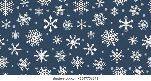 Natal e Ano Novo padrão sem costura com flocos de neve brancos bonitos em um fundo azul escuro. Ilustração de inverno com neve caindo.
