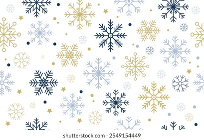 Natal, Ano Novo padrão sem costura com flocos de neve dourados, azuis e navais no fundo branco. Texturas vetoriais lindas para papel de embrulho. Conceito de feriados de inverno