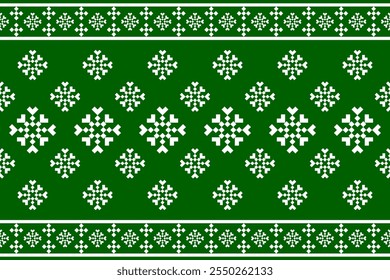 Natal e Ano Novo padrão sem emenda. Flocos de neve brancos no padrão de pixel verde para chapéu de inverno, jumper, suéter, envoltório, tecido, borda, aro, tapetes, cobertores, toalhas.