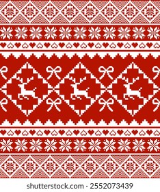 Christmas and New Year seamless pattern. hearts and snowflakes.  red pixel pattern for winter 