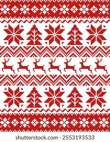 Christmas and New Year seamless pattern. White snowflakes and Christmas tree on red pixel pattern for winter 