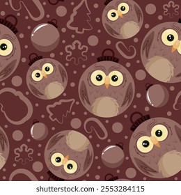 christmas or new year seamless pattern with new year balls with brown owl design and other new year decorations on a brown background, for festive textiles, posters or banners