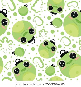 christmas or new year seamless pattern with new year balls with brown green frog design and other new year decorations, for festive textiles, posters or banners