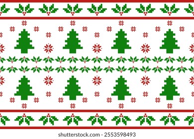 Christmas and New Year seamless pattern. Holly, Red snowflakes and Christmas tree on white pixel pattern for winter hat,jumper,sweater, wrapping,fabric,border,rim,carpets, blankets, towels.