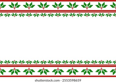 Christmas and New Year seamless pattern. Holly on white pixel pattern for winter hat,jumper,sweater, wrapping,fabric,border,rim,carpets, blankets, towels.