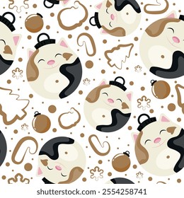 christmas or new year seamless pattern with new year balls with white cat design and other new year decorations, for festive textiles, posters or banners