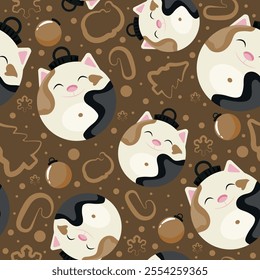 christmas or new year seamless pattern with new year balls with white cat design and other new year decorations on a brown background, for festive textiles, posters or banners
