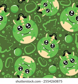 christmas or new year seamless pattern with new year balls with green dragon design and other new year decorations on a green dragon, for festive textiles, posters or banners