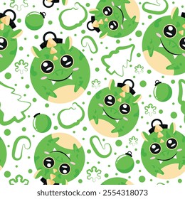 christmas or new year seamless pattern with new year balls with green dragon design and other new year decorations, for festive textiles, posters or banners