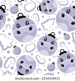 christmas or new year seamless pattern with new year balls with violet hippo design and other new year decorations, for festive textiles, posters or banners