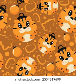 christmas or new year seamless pattern with new year balls with orange tiger design and other new year decorations on a orange background, for festive textiles, posters or banners