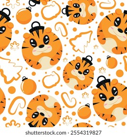 christmas or new year seamless pattern with new year balls with orange tiger design and other new year decorations, for festive textiles, posters or banners