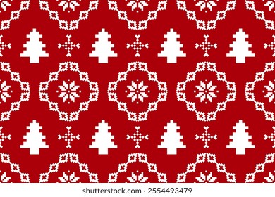 Christmas and New Year seamless pattern. White snowflakes and Christmas tree on red pixel pattern for winter hat,jumper,sweater, wrapping,fabric,border,rim,carpets, blankets, towels.