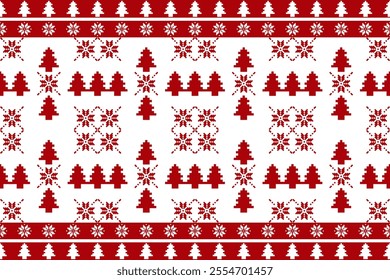 Christmas and New Year seamless pattern. Red snowflakes and Christmas tree on  White pixel pattern for winter hat,jumper,sweater, wrapping,fabric,border,rim,carpets, blankets, towels.