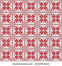 Christmas and New Year seamless pattern with snowflakes and embroidery on a white background. Vector illustration.