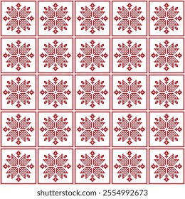 Christmas and New Year seamless pattern with snowflakes and embroidery on a white background. Vector illustration.