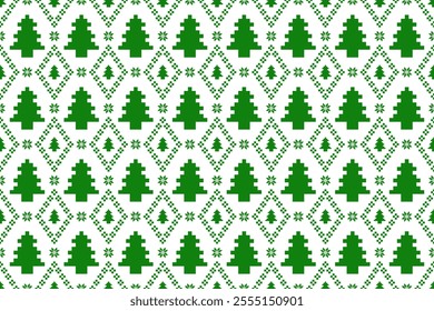 Christmas and New Year seamless pattern. Green snowflakes and Christmas tree on  White pixel pattern for winter hat,jumper,sweater, wrapping,fabric,border,rim,carpets, blankets, towels.