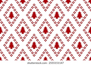 Christmas and New Year seamless pattern. Red snowflakes and Christmas tree on  White pixel pattern for winter hat,jumper,sweater, wrapping,fabric,border,rim,carpets, blankets, towels.