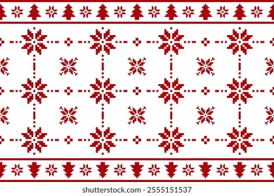 Christmas and New Year seamless pattern. Red snowflakes and Christmas tree on  White pixel pattern for winter hat,jumper,sweater, wrapping,fabric,border,rim,carpets, blankets, towels.