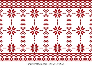 Christmas and New Year seamless pattern. Red snowflakes  on  White pixel pattern for winter hat,jumper,sweater, wrapping,fabric,border,rim,carpets, blankets, towels.